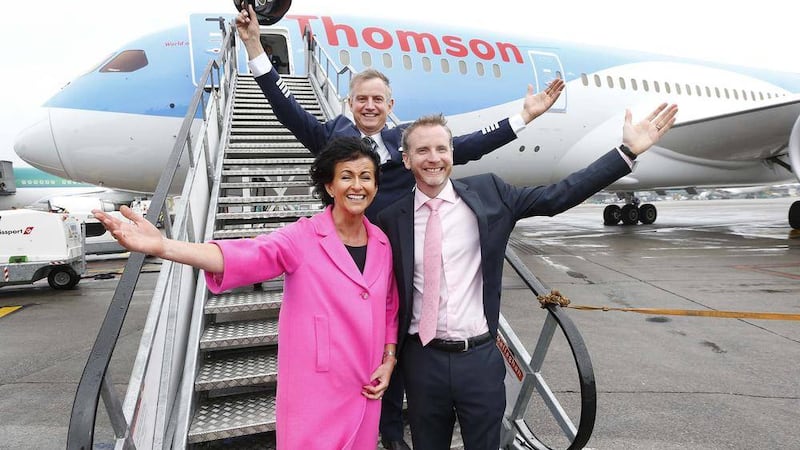 Chris Browne, chief operations officer TUI Aviation, pictured with Captain John Murphy, MD of Thomson Airways. and Chris Logan, Head of Ireland for Falcon Thomson 