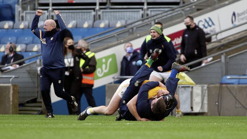 Antrim manager Darren Gleeson rolling with his captain Conor McCann at the final whistle of the Joe McDonagh Cup decider which ended in victory over Kerry on Sunday December 13 2020. Picture by Seamus Loughran 