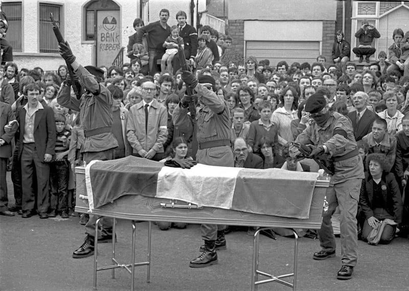 A volley of rifle shots over the coffin of hunger striker Joe McDonnell in Andersonstown in 1981. 