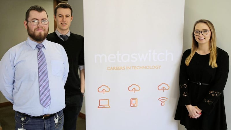 Aaron Hickey, Sam Wright and Aoibheann McAleer are among the 90 per cent of previous participants of the Metaswitch Assured Skills Academy who have gone on to secure full-time employment with the company 