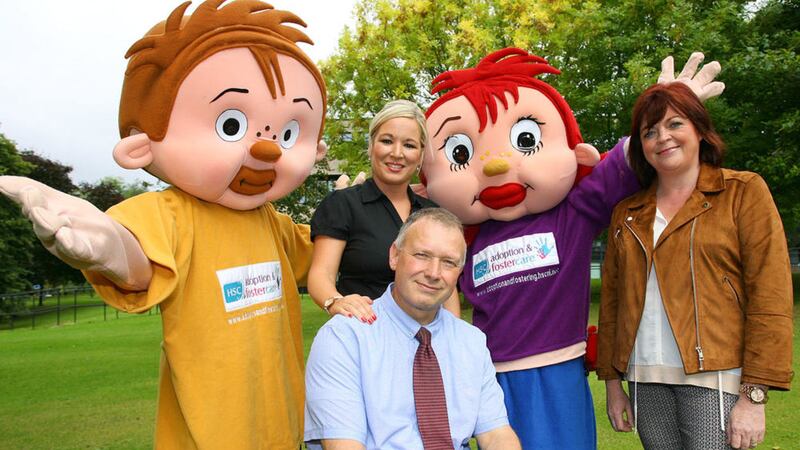 Health Minister Michelle O&#39;Neill with the HSC&#39;s fostering mascots and HSC foster carers 