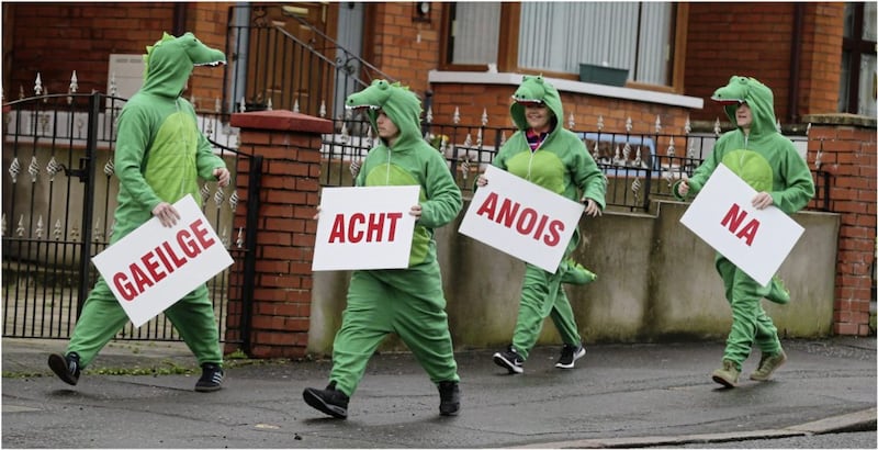 Sinn F&eacute;in members dressed as crocodiles protest at Arlene Foster&#39;s remarks in February. Picture by Hugh Russell 