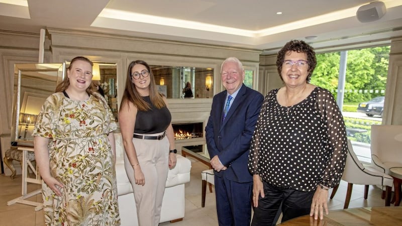 Among the delegates who attended The Gallaher Trust&rsquo;s delivery partner conference at the Galgorm Resort (L-R): Isobel Kerr, Habitat for Humanity NI; Cheryl McNeill, Northern Regional College; James Perry, trustee; and Jenny Williams, Habitat for Humanity NI. 