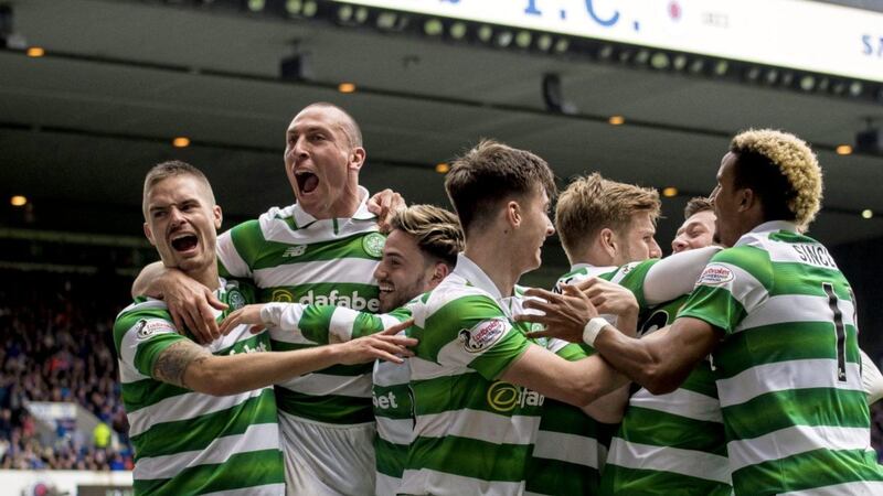 Callum McGregor (second from right) is mobbed by team-mates after scoring in last week&rsquo;s 5-1 win over Rangers 