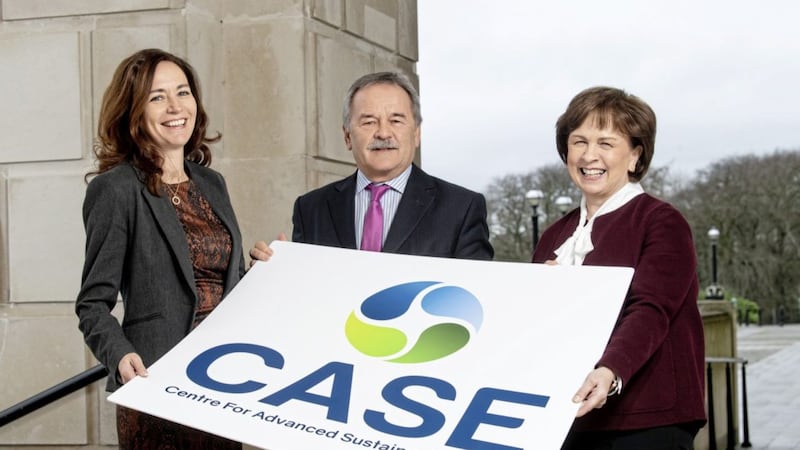 Economy Minister Diane Dodds (right) with Sam McCloskey (left), director of the Centre for Advanced Sustainable Energy and CASE chairman Trevor Haslett 