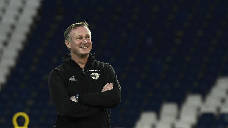 Northern Ireland manager Michael O'Neill during a training session at the Hannover Arena on Monday ahead of Tuesday's World Cup qualifier against Germany<br />Picture by Pacemaker&nbsp;