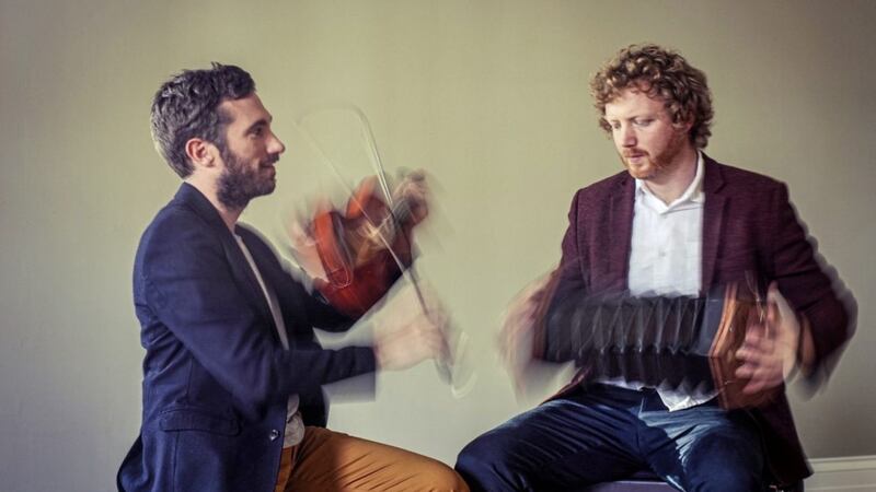 Cormac Begley, on right, and fiddler Caoimh&iacute;n &Oacute; Raghallaigh will perform at An Droichead in Belfast next month &ndash; Cormac will also be teaching workshops there 