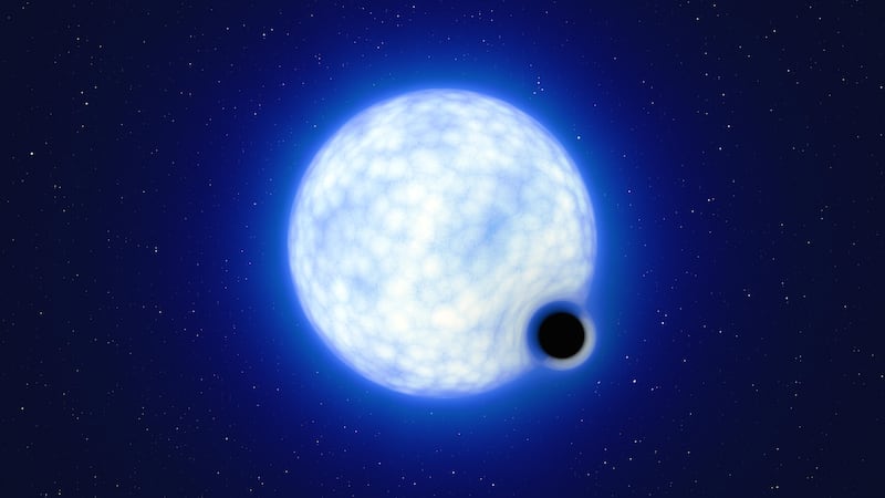 The newly found black hole is at least nine times the mass of the Sun, and orbits a hot, blue star weighing 25 times the Sun’s mass.