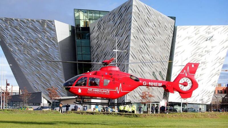 One of the two helicopters which will deliver Northern Ireland&#39;s first Helicopter Emergency Medical Service, pictured outside Titanic Belfast. Picture by Jonathan Porter/Press Eye 