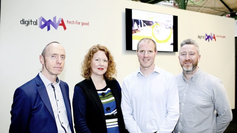Sharon Didrichsen of Specialisterne NI with (from left) Joe McVey and Paul Braithwaite of the Building Change Trust, and Connor Doherty of Innovate NI. Specialisterne was one of the groups supported by the Social Innovation Seed Fund 
