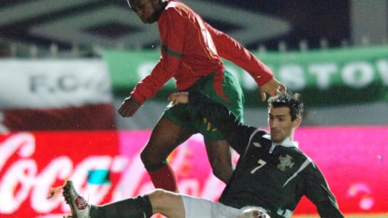 Northern Ireland's Keith Gillespie battles for the ball against Portugal's Louis Boa Morte during a friendly international at Belfast's Windsor Park.&nbsp;