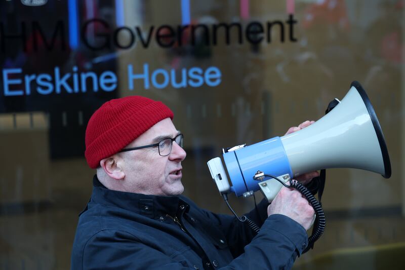 Nipsa deputy general secretary Patrick Mulholland at a protest outside the Secretary of State's office at Erskine House. PICTURE: MAL MCCANN
