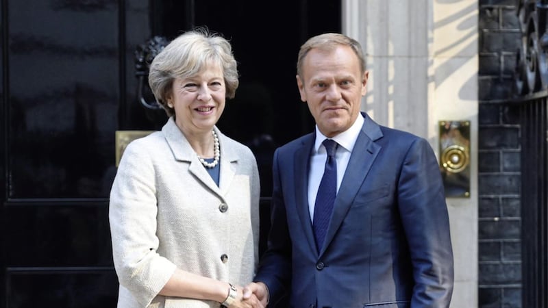 Theresa May pictured with European Council president Donald Tusk, who has said negotiations on future trade relations between the UK and EU could begin this autumn. Picture by David Mirzoef/PA Wire 