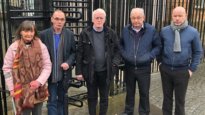 (left to right) The siblings of Bloody Sunday victim James Wray, Margaret and Liam, brother of victim Michael Kelly, John, and brothers of victim William McKinney, Mickey and John, outside Derry Magistrates' Court. Picture by David Young/PA Wire&nbsp;