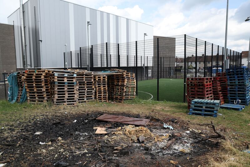 Bonfire materials and pallets at the rear of Lisnasharragh Liesure Centre in east Belfast 