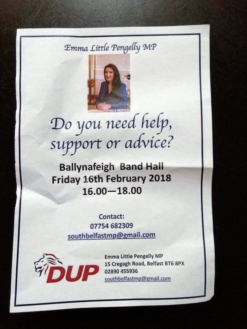 The leaflet promoting Emma Little-Pengelly&#39;s constituency surgery in Ballynafeigh Band Hall. Picture from Twitter/Emma Little-Pengelly 