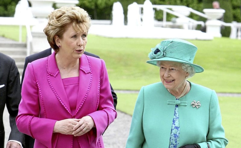 Then President Mary McAleese welcomes Queen Elizabeth II to &Aacute;ras an Uachtar&aacute;in in 2011. Picture by Paul Faith/PA 
