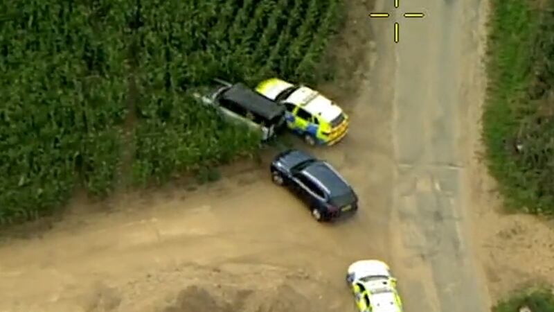 Video grab from Police helicopter footage of a stolen Land Rover which ploughed through a 6ft high maize field to try to evade officers
