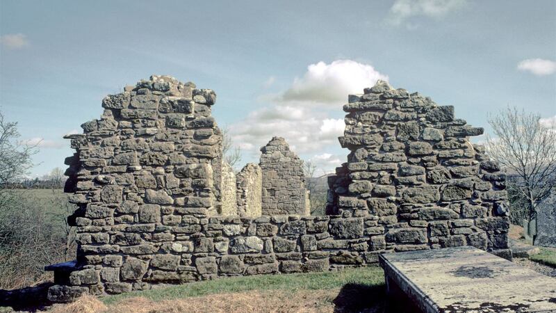 <strong><span style="font-family: Helvetica; ">BOVEAGH CHURCH: </span></strong><span style="font-family: Helvetica; ">According to megalithicireland.comm&nbsp;The earliest reference to a church being here was recorded in 1100 AD when a wooden church was burned. The medieval church we see today was in use over a long period. The east window is possibly 13th century and the west window could be as late as the 18th century.&nbsp;</span>