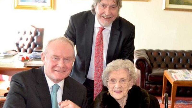 Sally Brady with her son Mickey and Deputy First Minister Martin McGuinness during a visit to Stormont 