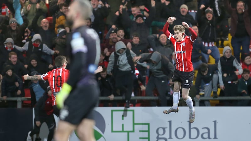 Jamie McGonigle celebrates his winning goal against Shamrock Rovers at the Brandywell on Friday night. McGonigle became the first Derry City player to score in five consecutive top flight matches<br />Picture: Margaret McLaughlin<br />&nbsp;