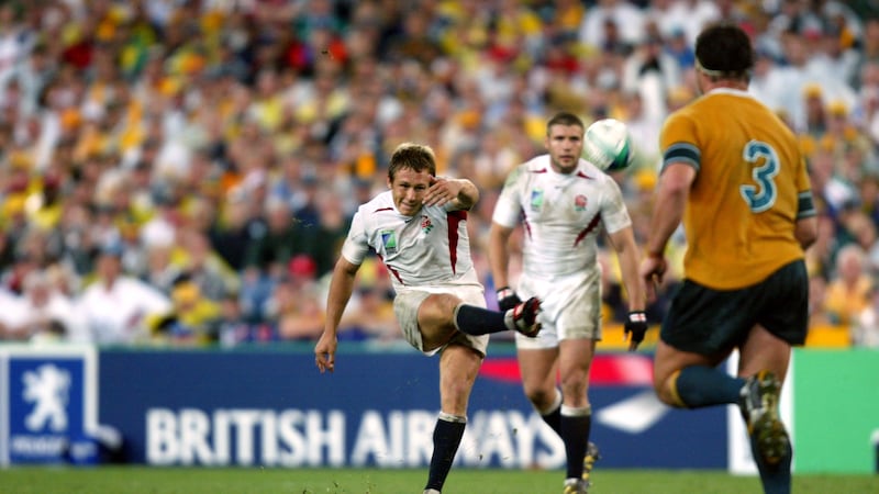 Jonny Wilkinson kicks the winning drop-goal for England in the 2003 Rugby World Cup final (David Davies/PA)
