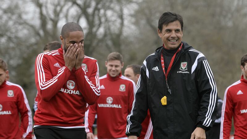 Wales captain Ashley Williams (left) and manager Chris Coleman during a training session at the Vale Resort in Glamorgan on Tuesday<br />Picture by PA&nbsp;