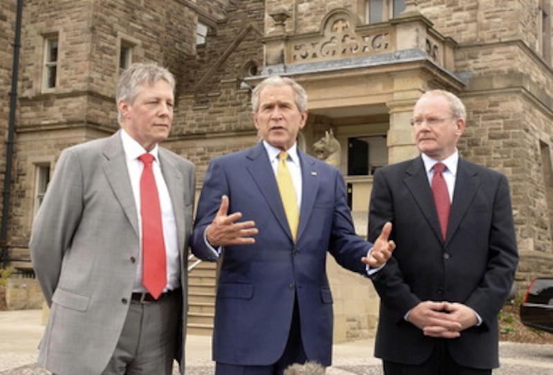 Pictured at Stormont Castle are President George W Bush with First Minister Peter Robinson and Deputy First Minister Martin McGuiness during a 2008 visit to the north by the president