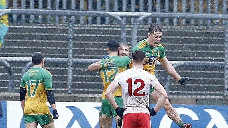 Donegal&#39;s Hugh McFadden jumps for joy at the end of yesterday&#39;s dramatic Ulster Championship quarter-final win over Tyrone in Ballybofey, Picture by Philip Walsh 