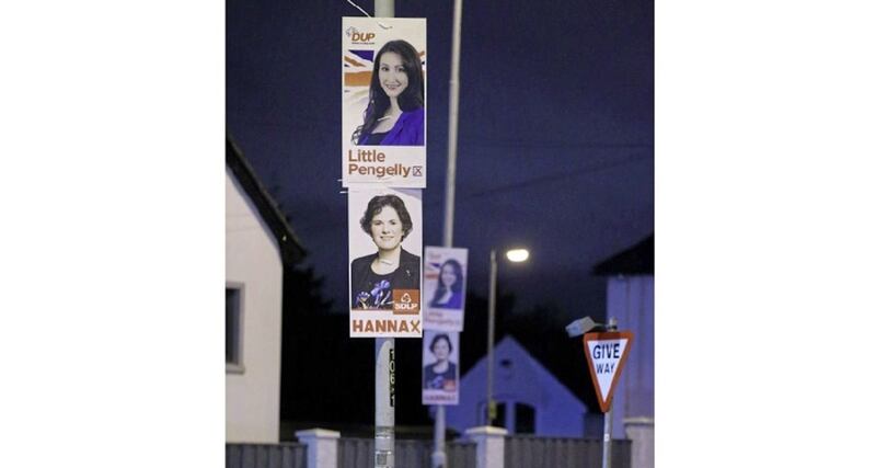 Election posters in South Belfast for Emma Little-Pengelly and Claire Hanna. Picture by Cliff Donaldson 
