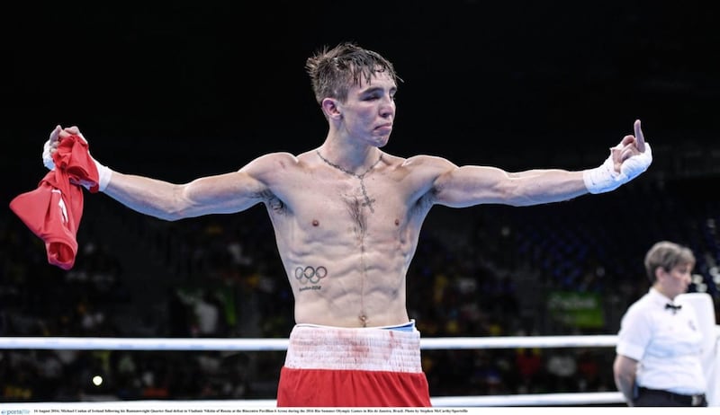 The middle digit moment. Michael Conlan react to the judges after his quarter-final defeat to Vladimir Nikitin of Russia during the 2016 Rio Summer Olympic Games in Rio de Janeiro, Brazil 