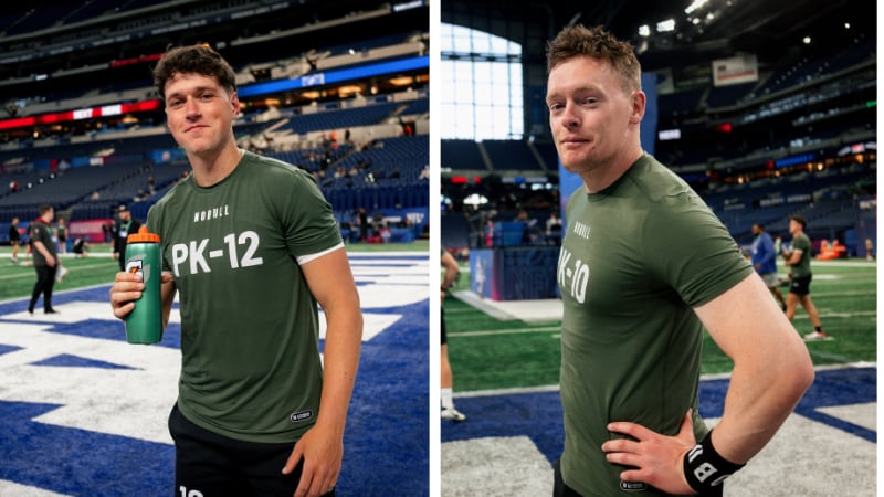 Charlie Smyth holding a water bottle at the NFL Combine and Rory Beggan smiling into the camera at the NFL combine