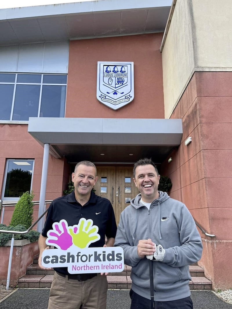 Glen Pavis (left) from Downtown Radio and Pete Snodden from Cool FM at Shandon Park Golf Club, preparing for the Cash for Kids Corporate Golf Day on September 15. 