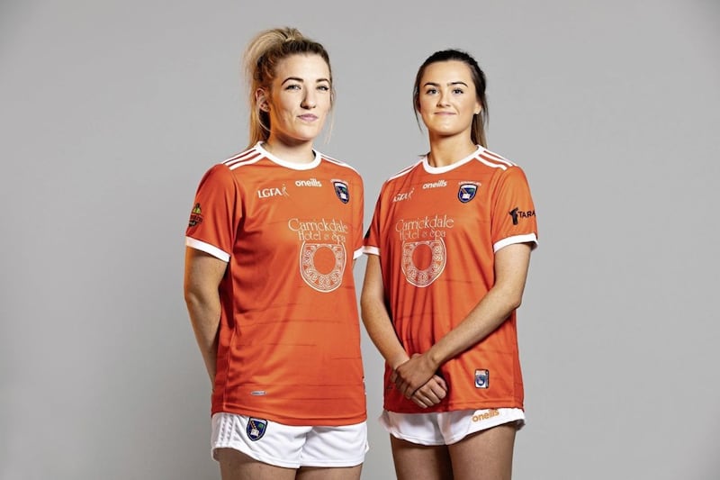 Kelly Mallon and fellow full-forward Aimee Mackin - both Irish News Allstars in 2020 - at the launch of the new Armagh Ladies&#39; jersey 
