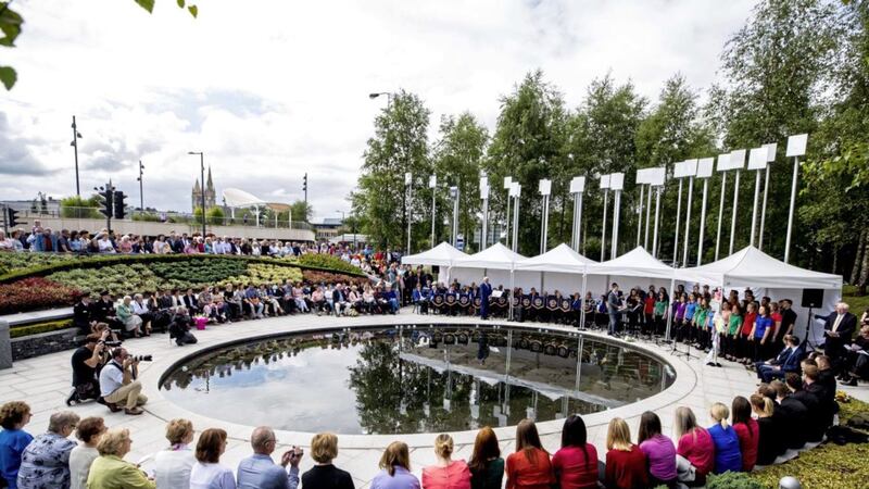 Family and relatives gather at the inter-denominational service at the Memorial Gardens in Omagh last Sunday to remember the Omagh bombing 20 years on. Picture by Liam McBurney/PA Wire 