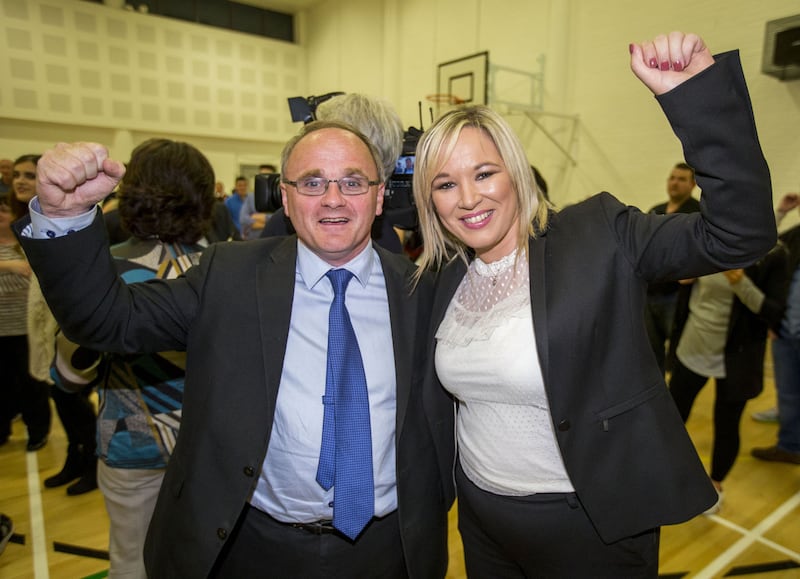 Newly elected Sinn Fein MP for West Tyrone Barry McElduff (left) with Sinn Fein leader in Northern Ireland Michelle O'Neill. Picture from Liam McBurney/PA Wire.<br />&nbsp;