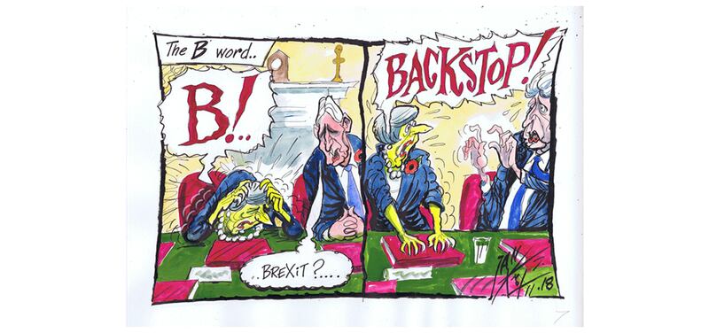 Ian Knox cartoon 07/11-18:&nbsp;The Irish border backstop dominates all political discussion short of the US mid-term elections. Leo Varadkar's tentative mention of a 'review mechanism' is leapt on by many who fear a dilution