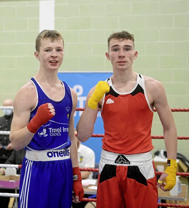 Michael Marlow (Holy Trinity) and Archie Ritchie (All Saints) after their entertaining Antrim Open semi-final. Ritchie won on points. Picture by Mark Marlow 