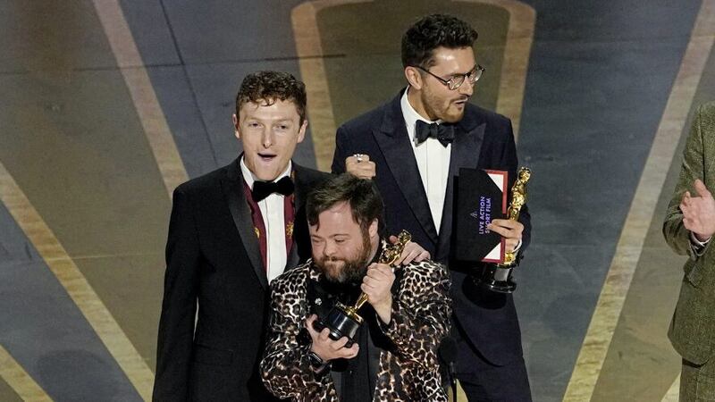 Ross White, James Martin, Tom Berkeley and Seamus O&#39;Hara accept the award for best live action short film for An Irish Goodbye at the Oscars on Sunday. Picture by AP Photo/Chris Pizzello 