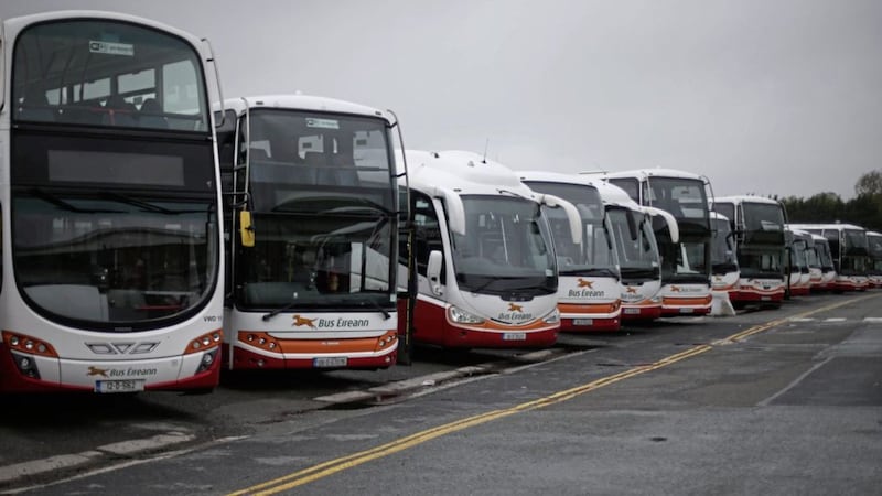Bus Eireann buses parked up at Broadstone Depot. Picture by Niall Carson/PA 