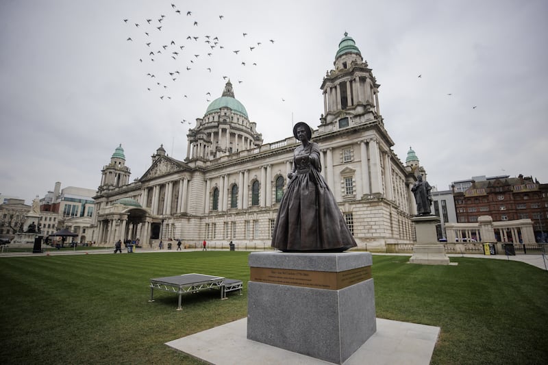Man fined for putting ‘loyalist’ stickers on statues of female activists at Belfast City Hall