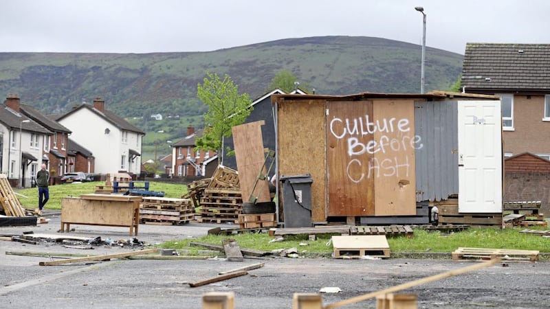 A bonfire site off Cupar Way earlier this week in the Shankill area of west Belfast. Picture by Mal McCann 