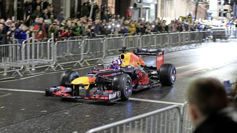 David Coulthard races along Donegall Square North on Saturday evening. Picture by Alan Lewis 