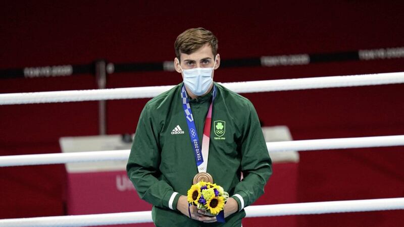 Ireland's Aidan Walsh with the bronze medal in the Men's Welterweight Boxing at Kokugikan Arena on the eleventh day of the Tokyo 2020 Olympic Games in Japan&nbsp; &nbsp; &nbsp; &nbsp; &nbsp; Picture: Adam Davy/PA Wire.