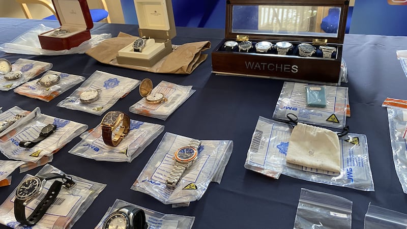 Items of stolen jewellery worth &euro;155,000 at the offices of An Garda Sioch&aacute;na, in Dublin, that detectives want to return to their owners after they were seized by officers. Picture by Dominic McGrath/PA Wire&nbsp;