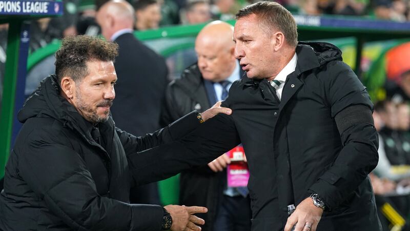Atletico Madrid manager Diego Simeone greets Celtic manager Brendan Rodgers (Andrew Milligan/PA)