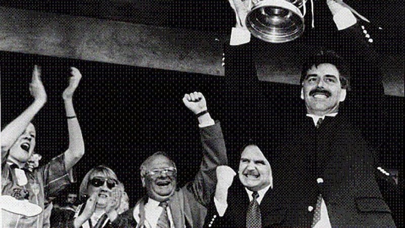 HAPPY TIMES ... Derry manager Felix Healy with the FAI cup 