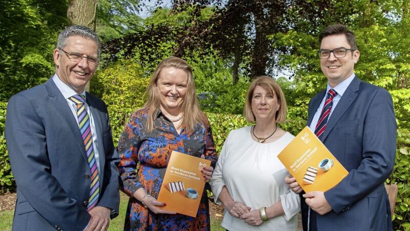 Pictured at the Northern Ireland Hotels Federation (NIHF) Business Outlook Seminar are: compere, Mark Simpson; Sarah Duignan, STR Global; Janice Gault, NIHF CEO; and Guest Speaker, Andrew Webb, Grant Thornton. 
