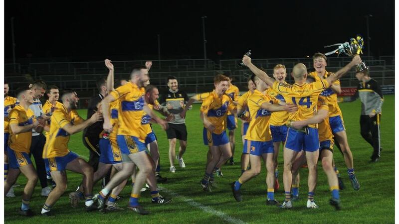 St Paul's, Holywood players celebrate after claiming their first ever Down county title with a dramatic extra-time victory over Aughlisnafin at Pairc Esler, Newry on Friday September 18 2020. Pictures courtesy of Steven Kane