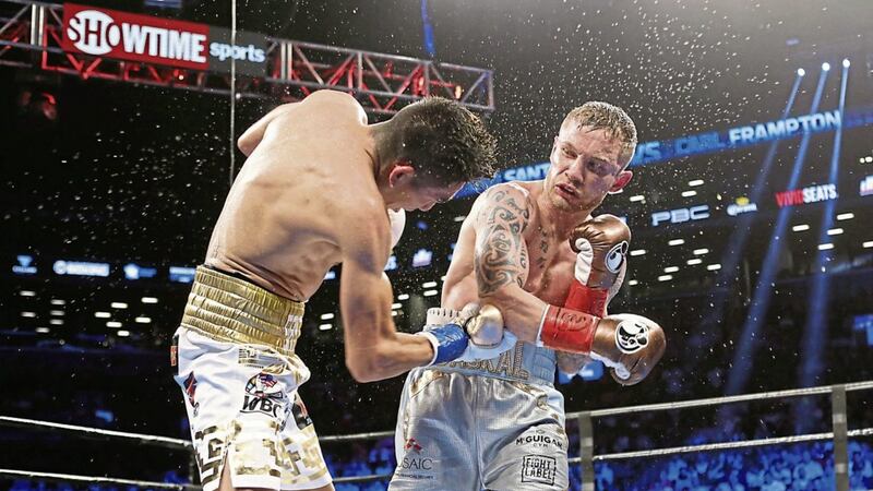 Carl Frampton lands a right hook on Leo Santa Cruz during their WBA Super World Featherweight Championship fight. Tickets for the January rematch are going on sale at 5pm on Tuesday&nbsp;